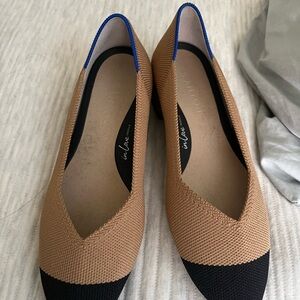 Rothy's Tan and Black Flats with Blue Trim